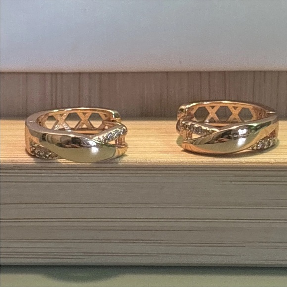 Rose Gold Plated CZ Huggie Hoop Earrings | Twisted Sparkling Minimalist Hoops - Picture 6 of 13